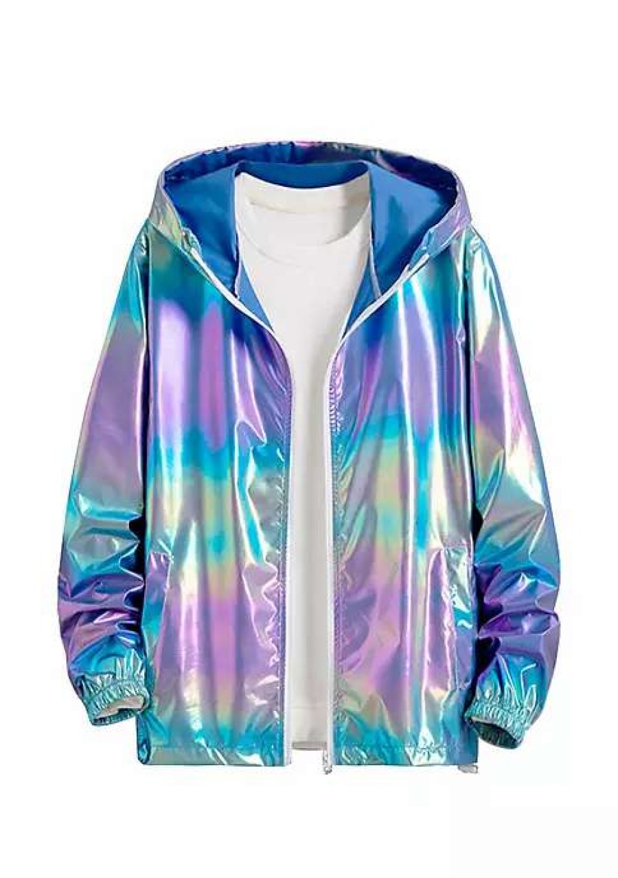 Men * | Hot Sale Lars Amadeus Men'S Metallic Jacket Lightweight Zip Up Holographic Shiny Hooded Jackets