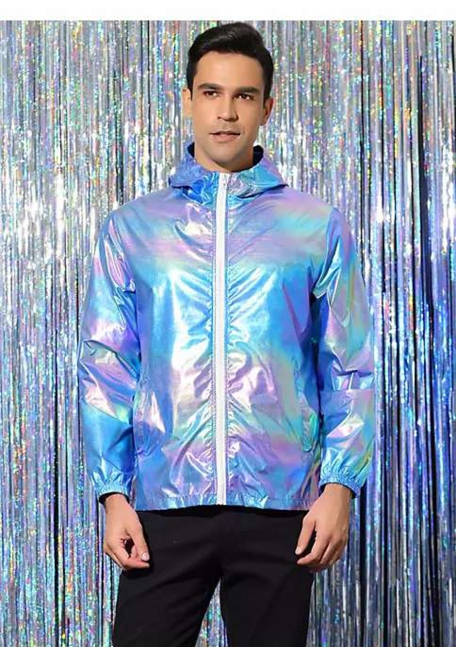 Men * | Hot Sale Lars Amadeus Men'S Metallic Jacket Lightweight Zip Up Holographic Shiny Hooded Jackets