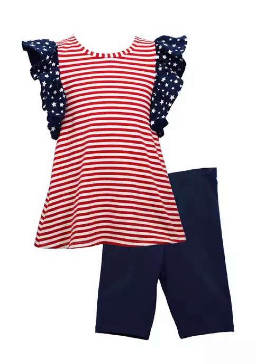 Kids * | Wholesale Bonnie Jean Toddler Girls Ruffled Star Stripe Short Set Navy