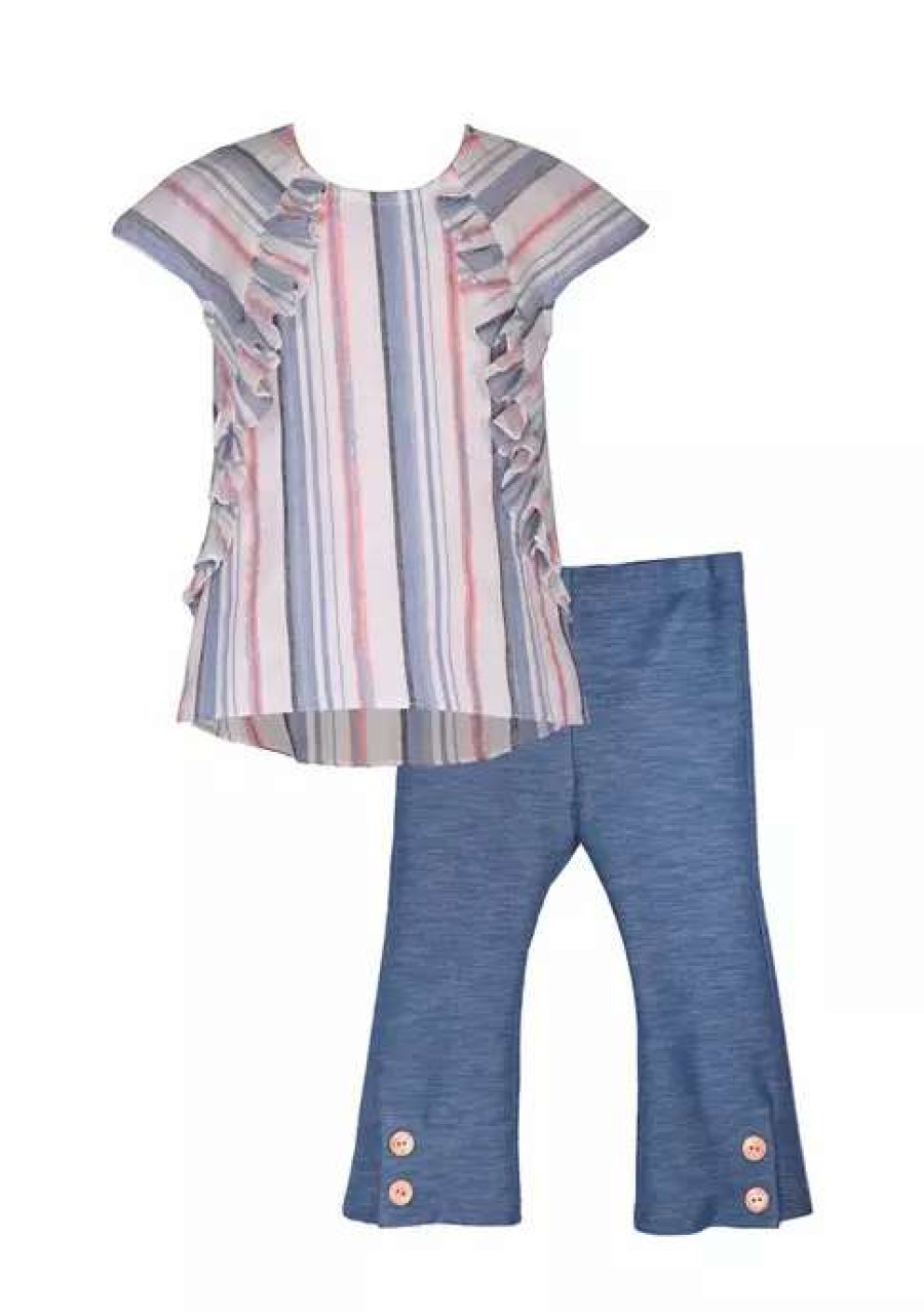 Kids * | Discount Bonnie Jean Girls 4-6X Short Sleeve Linen Stripe Top And Indigo Leggings Set Denim