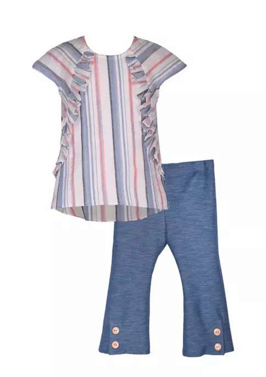 Kids * | Top 10 Bonnie Jean Baby Girls Short Sleeve Stripe Ruffle Set Denim