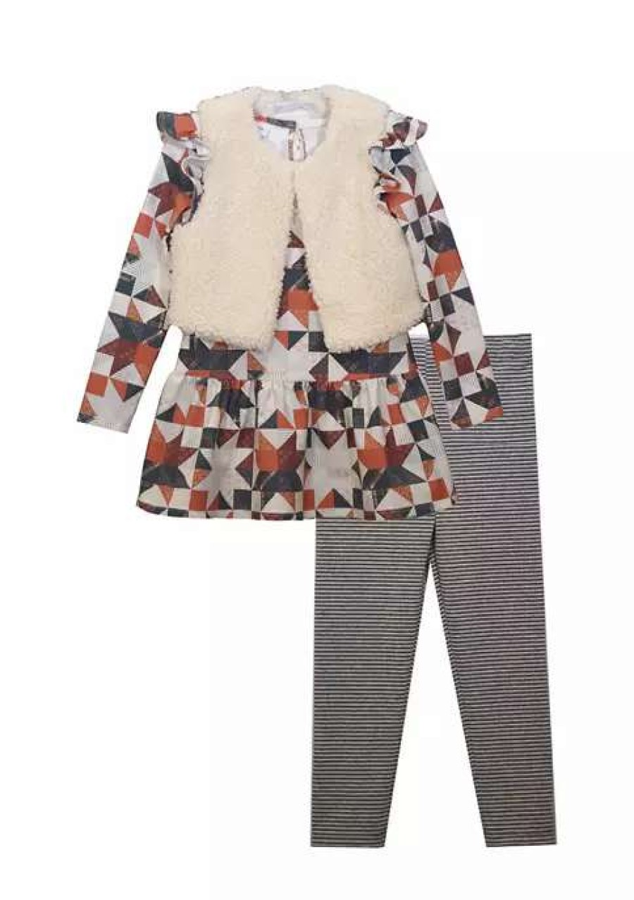 Kids * | Budget Bonnie Jean Toddler Girls Long Sleeve Geometric Print Top, Vest, And Leggings Set Ivory