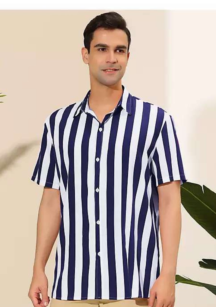 Men * | Hot Sale Lars Amadeus Men'S Stripe Shirt Short Sleeved Color Block Button Down Beach Shirt