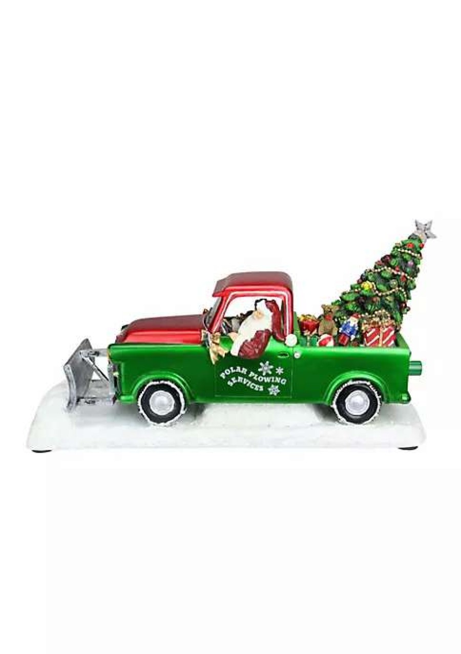 Home * | Best Sale Roman 11 And Red Musical Led Lighted Polar Plowing Truck With Santa Claus Decoration Green