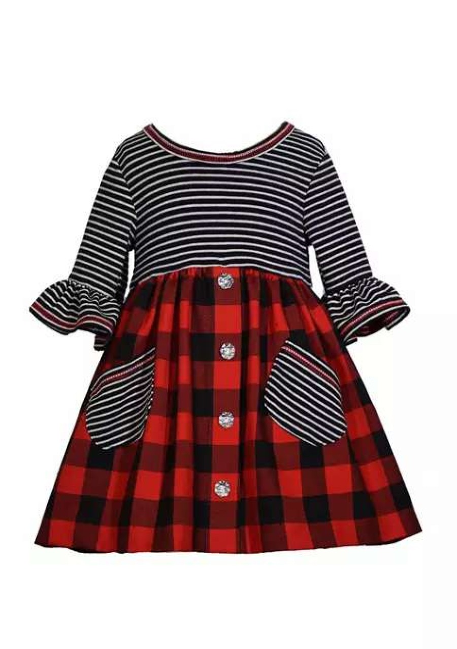 Kids * | Coupon Bonnie Jean Girls 4-6X 3/4 Sleeve Knit Plaid Dress Red