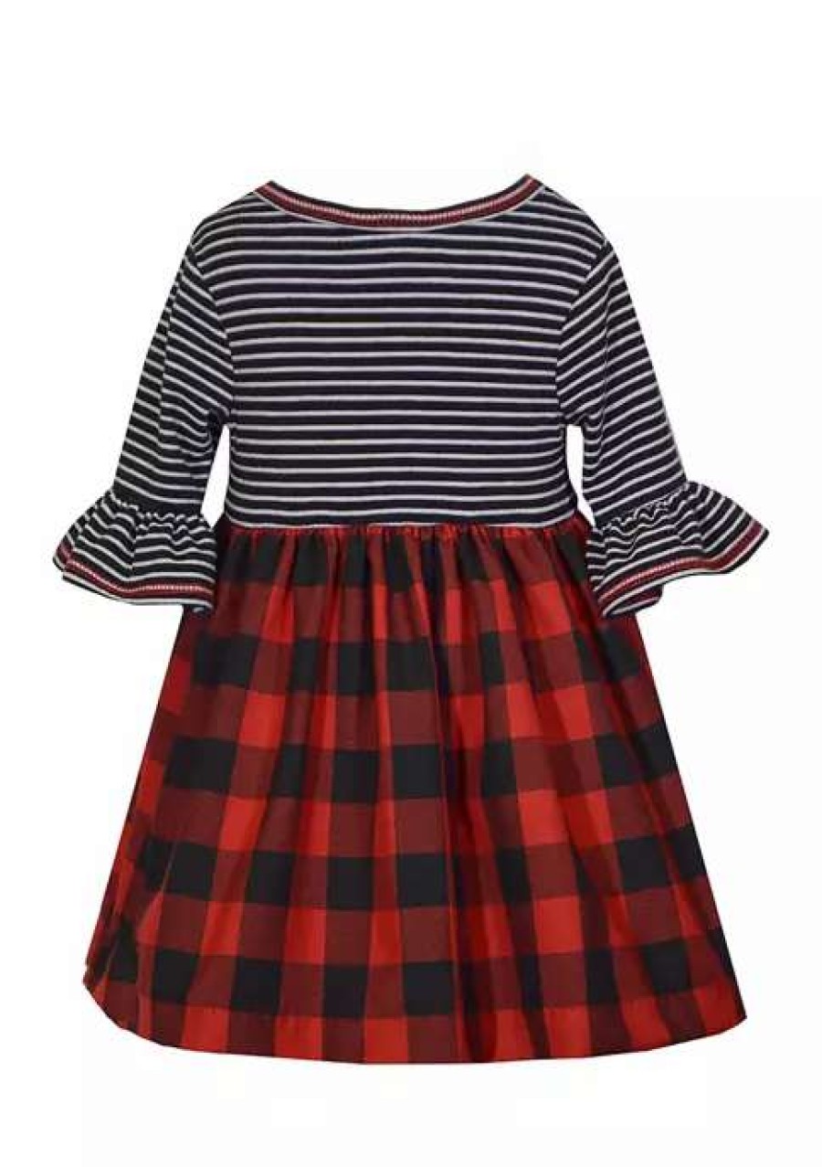 Kids * | Coupon Bonnie Jean Girls 4-6X 3/4 Sleeve Knit Plaid Dress Red