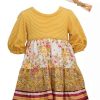 Kids * | New Bonnie Jean Baby Girls Puff Sleeve Mixed Print Tiered Dress With Headband Mustard