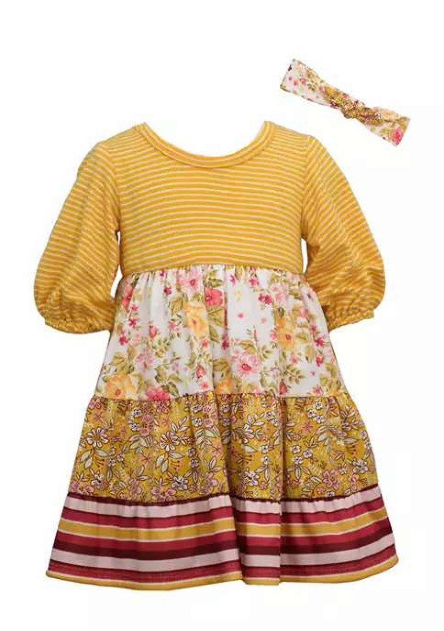 Kids * | New Bonnie Jean Baby Girls Puff Sleeve Mixed Print Tiered Dress With Headband Mustard