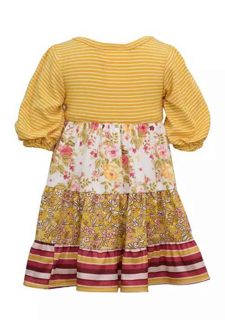 Kids * | New Bonnie Jean Baby Girls Puff Sleeve Mixed Print Tiered Dress With Headband Mustard