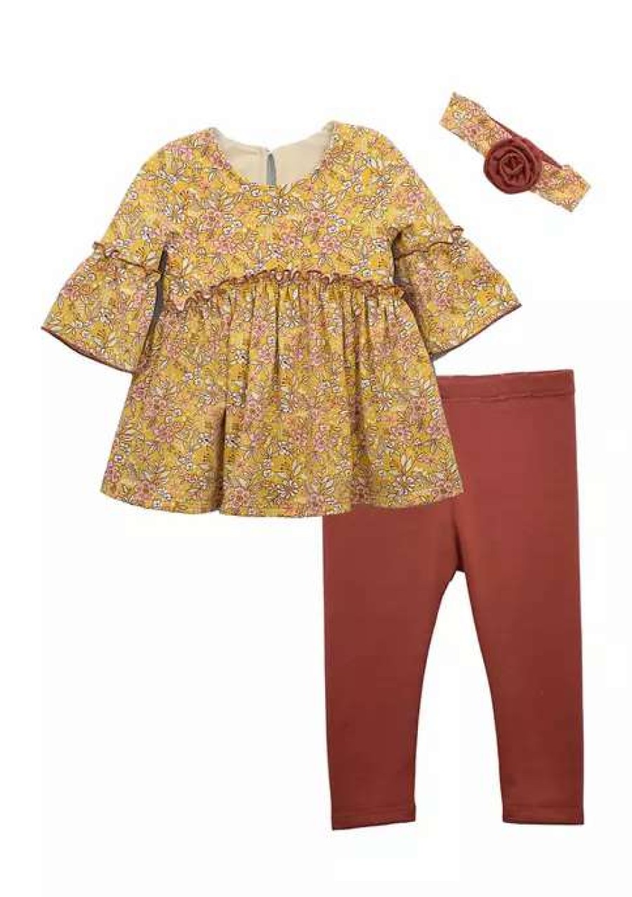 Kids * | Brand New Bonnie Jean Baby Girls Floral Set With Headband Mustard