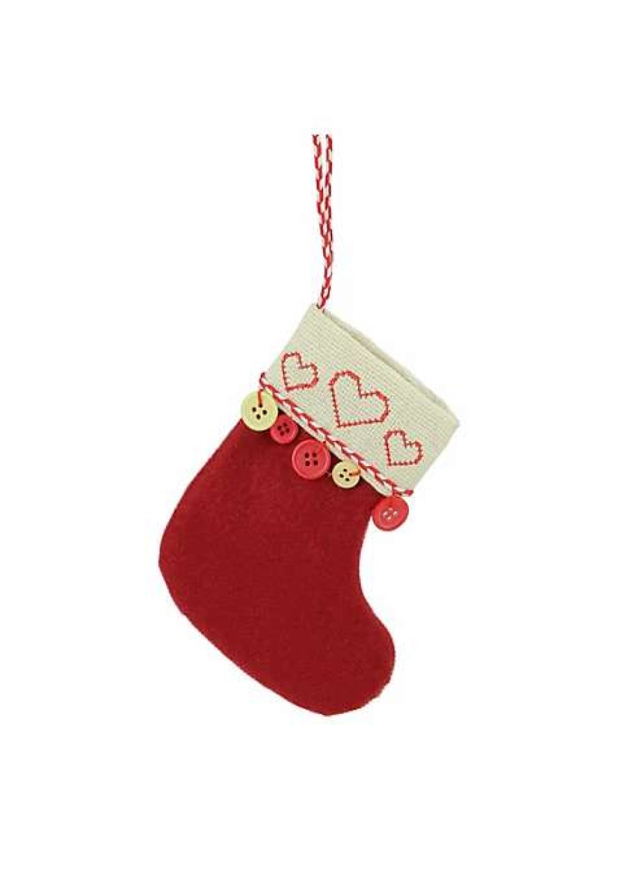 Home * | Outlet Roman 6.5 And Tan Embroide Hearts And Buttons Christmas Stocking Ornament Red