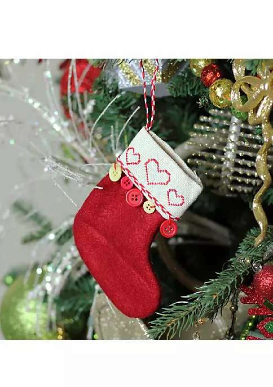 Home * | Outlet Roman 6.5 And Tan Embroide Hearts And Buttons Christmas Stocking Ornament Red