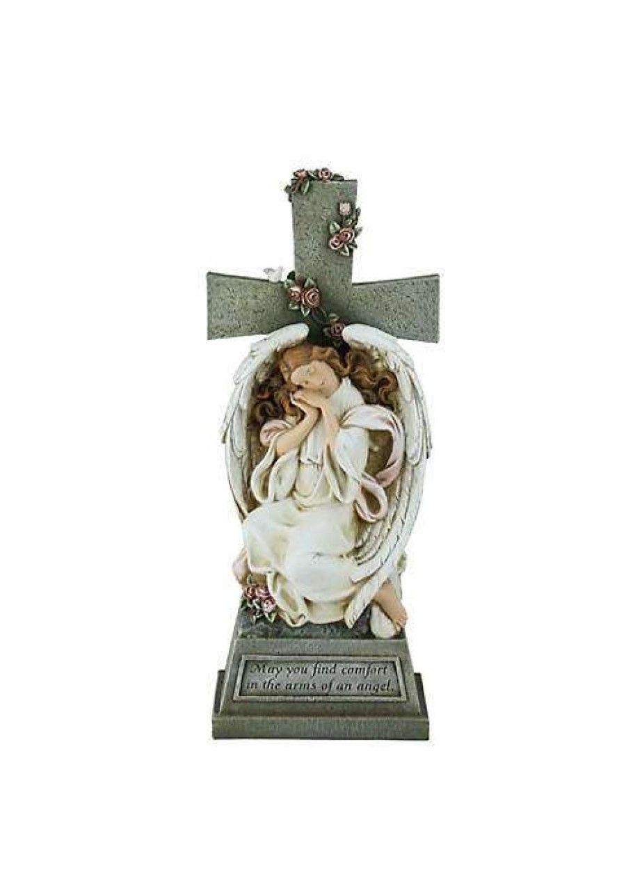 Home * | Best Sale Roman 19 Joseph'S Studio Angel Resting On Cross With Inspirational Phase Outdoor Garden Statue Green