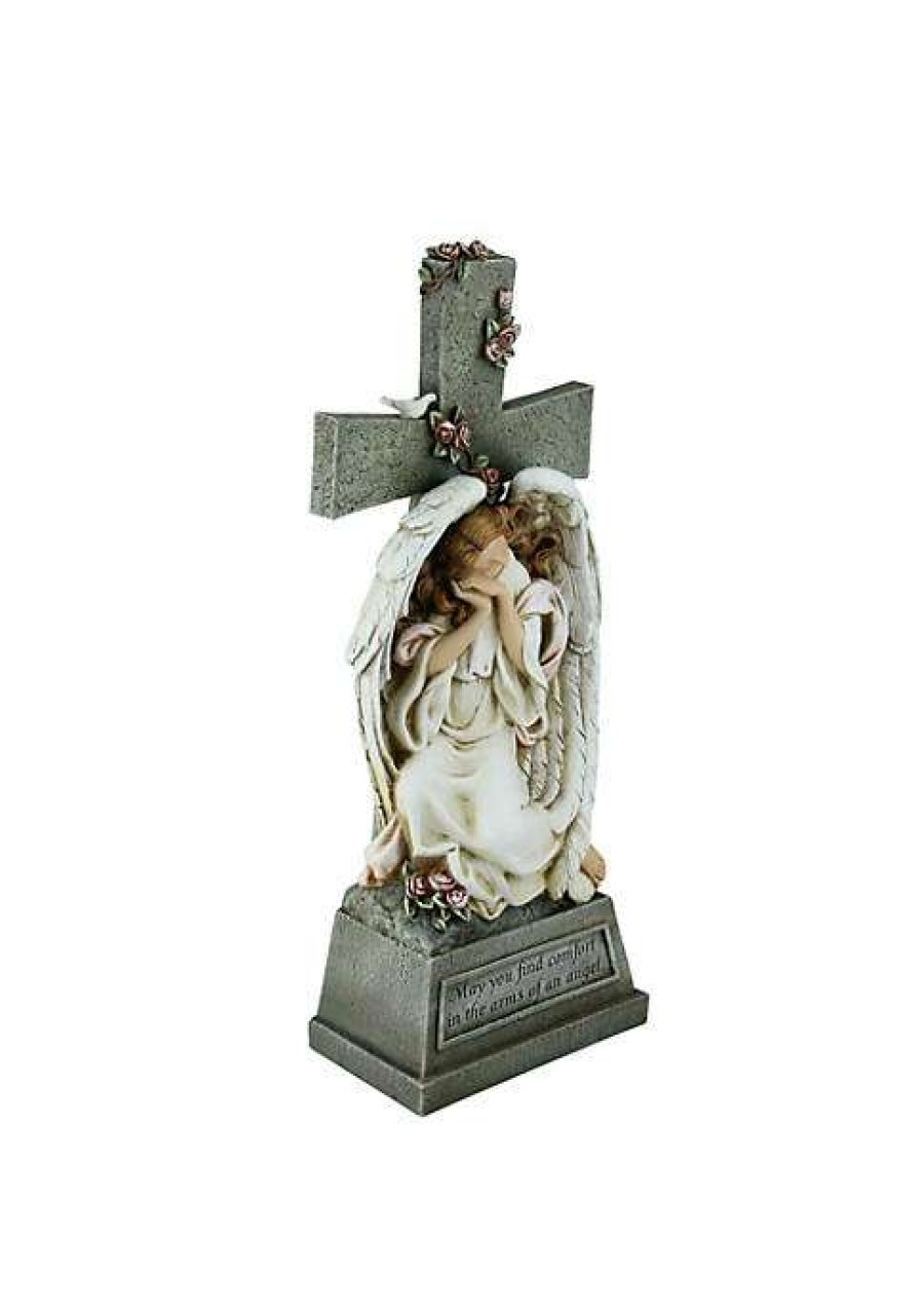 Home * | Best Sale Roman 19 Joseph'S Studio Angel Resting On Cross With Inspirational Phase Outdoor Garden Statue Green