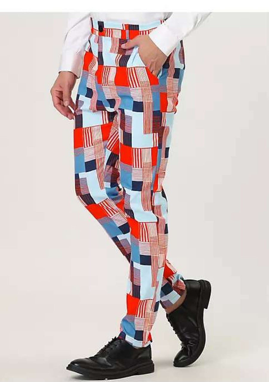 Men * | Top 10 Lars Amadeus Men'S Casual Geometric Printed Color Block Flat Front Dress Pants