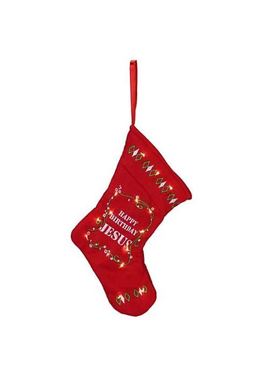 Home * | Best Reviews Of Roman 9 White And Green "Happy Birthday Jesus" Battery Operated Christmas Stocking Red