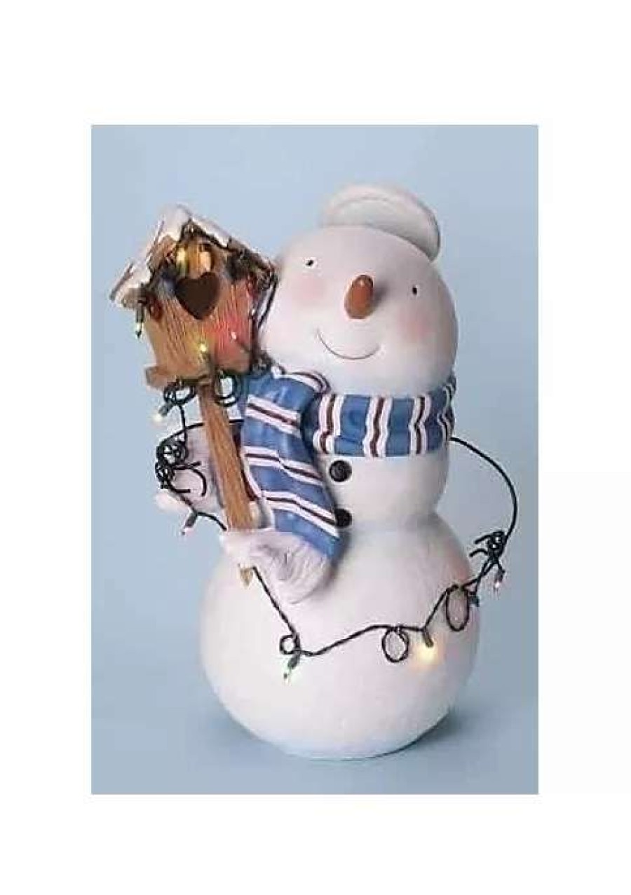 Home * | Best Sale Roman 25 And Blue Lighted Snowman With Halo And Birdhouse Christmas Figure White