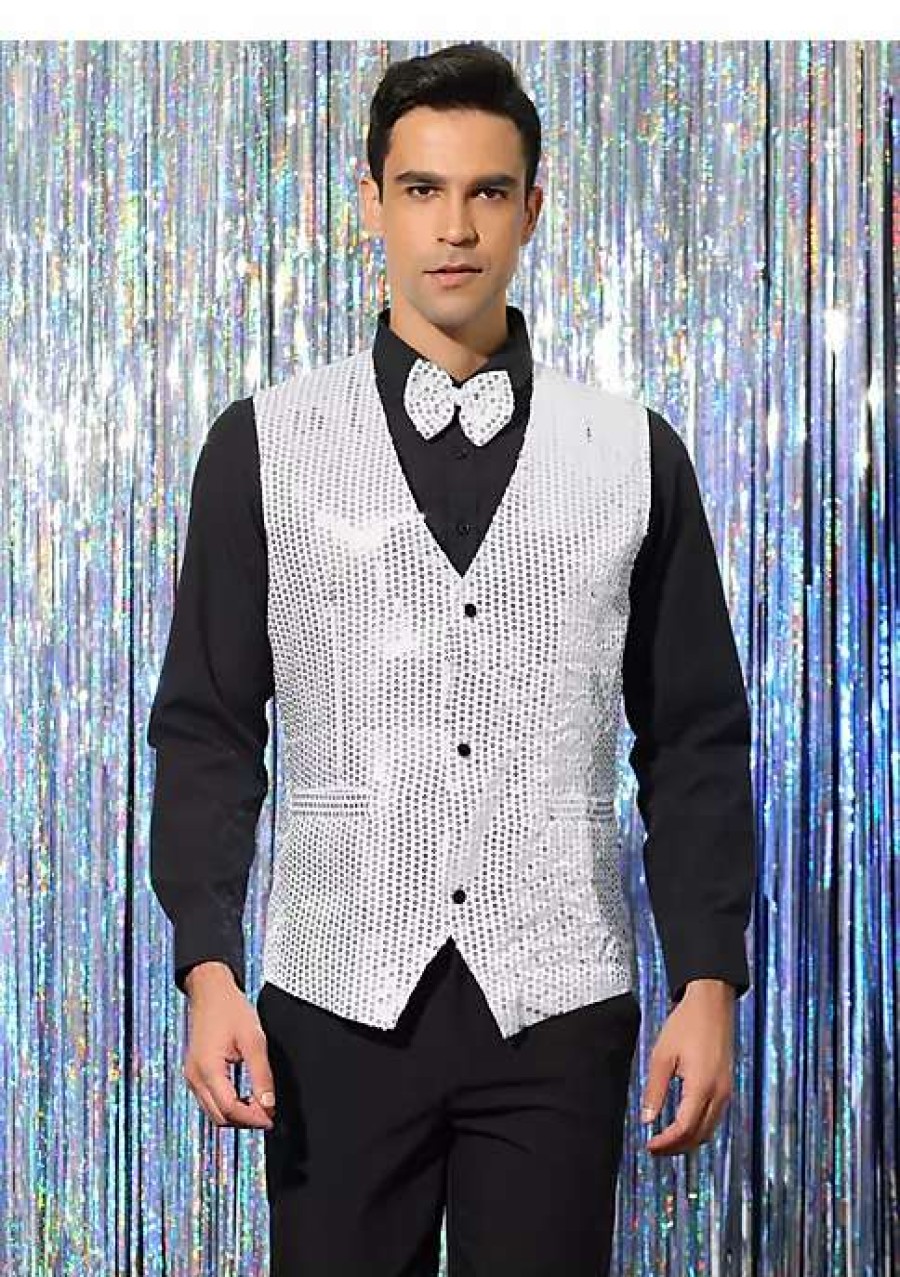 Men * | Brand New Lars Amadeus Men'S Sequin Waistcoat Shiny Sleeveless Party Prom Dress Suit Vest With Bow Tie