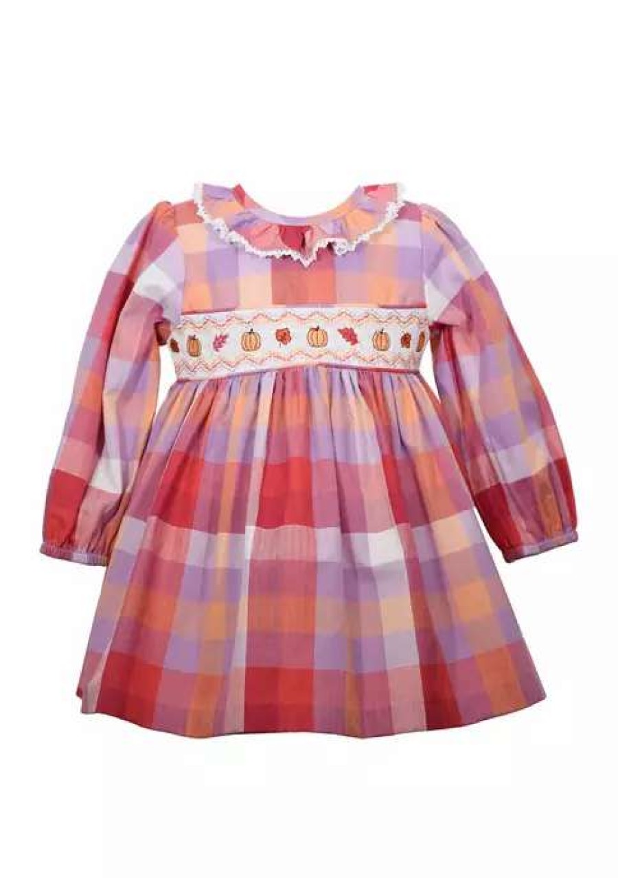 Kids * | Hot Sale Bonnie Jean Baby Girls Long Sleeve Plaid Smocked Harvest Dress Multi