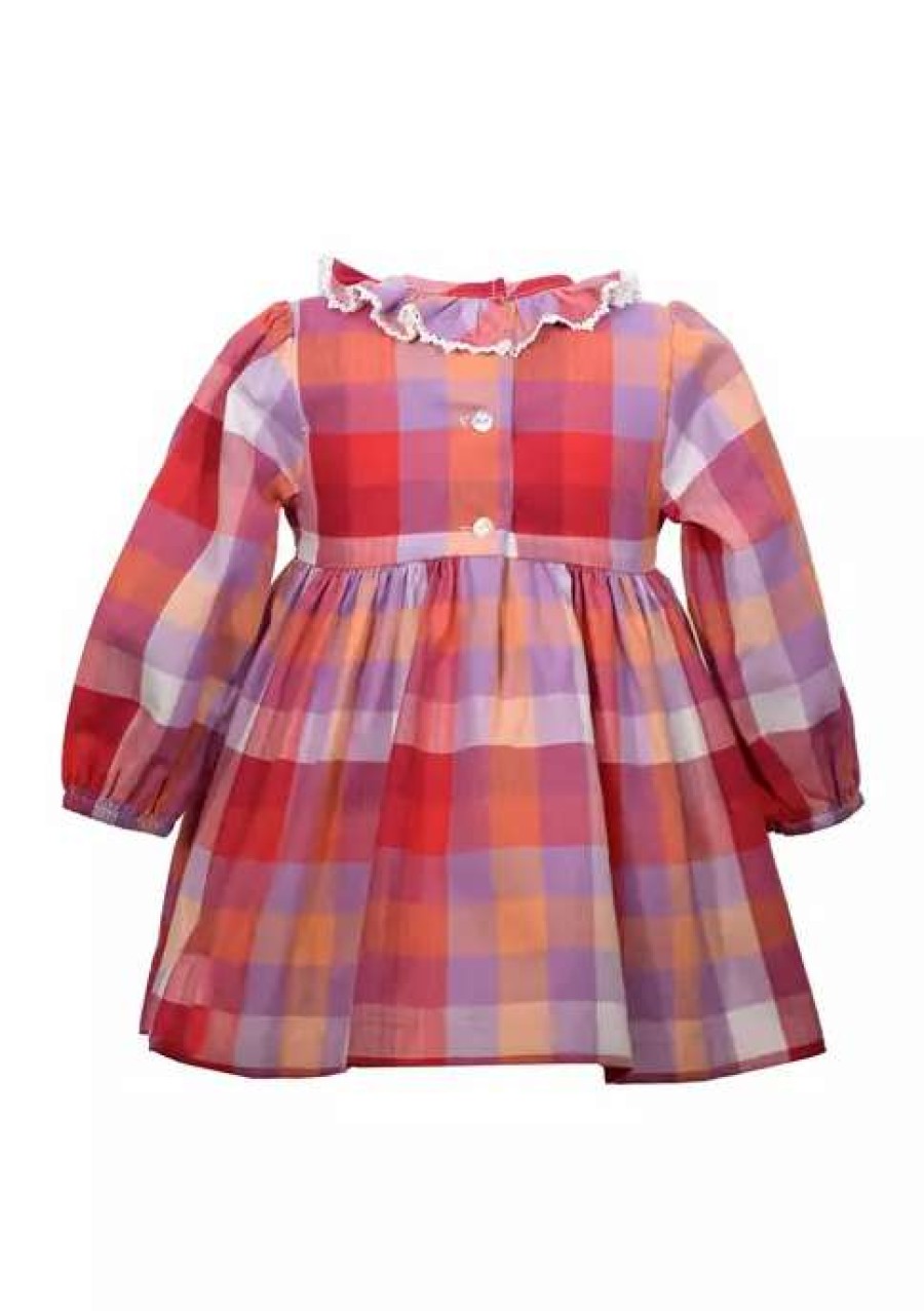 Kids * | Hot Sale Bonnie Jean Baby Girls Long Sleeve Plaid Smocked Harvest Dress Multi