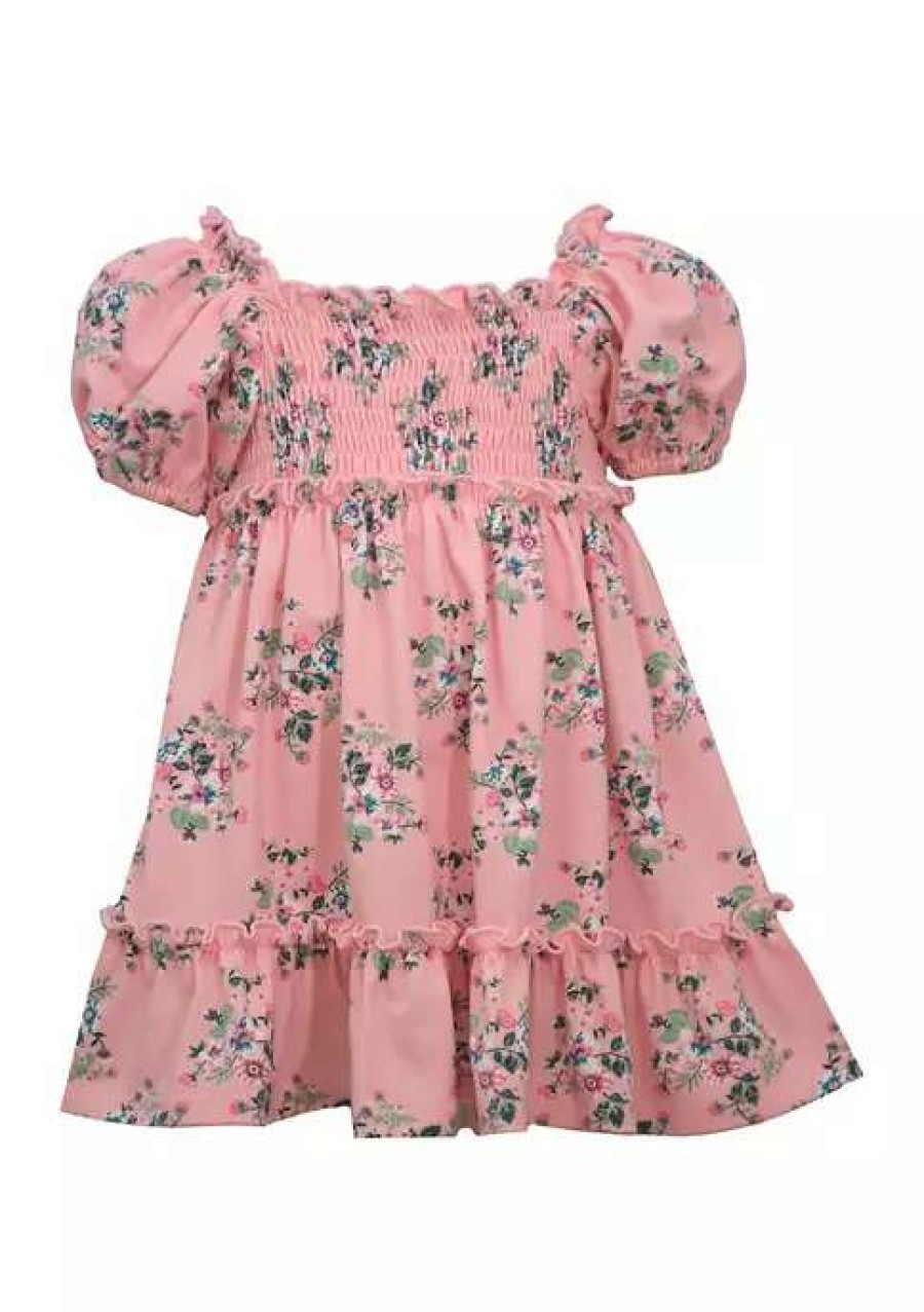 Kids * | Budget Bonnie Jean Girls 4-6X Short Puff Sleeve Smocked Peasant Dress Pink