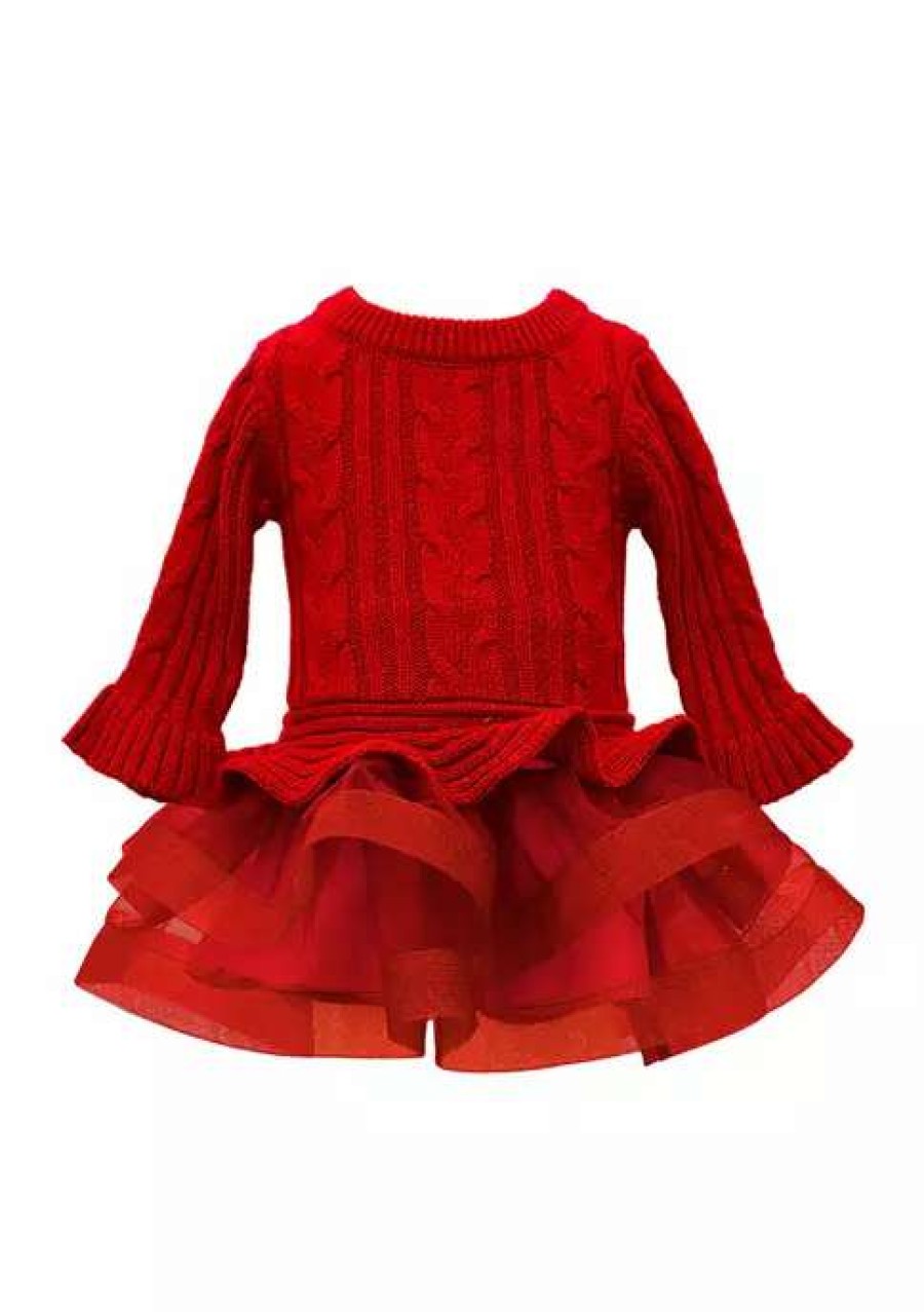 Kids * | Top 10 Bonnie Jean Toddler Girls Long Sleeve Cable Knit Sweater Dress Red