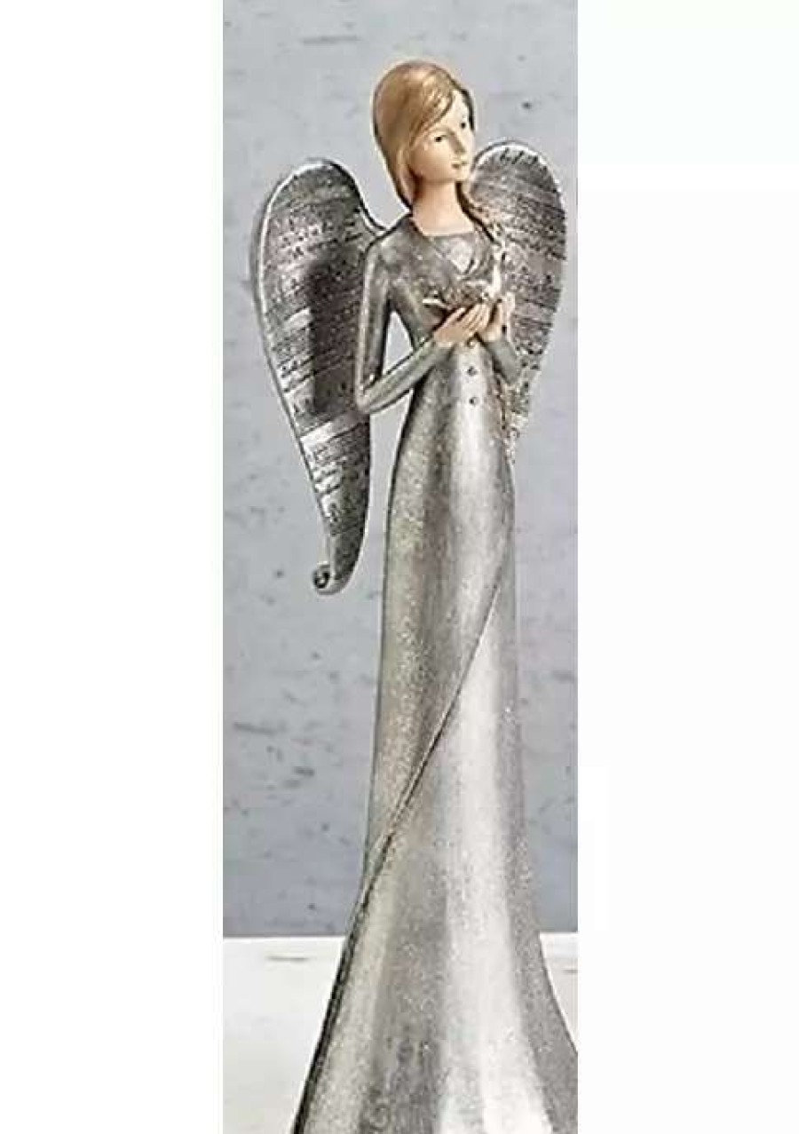 Home * | Wholesale Roman 12.5 Glittered Praying Musical Angel With Dove Christmas Tabletop Decoration Silver