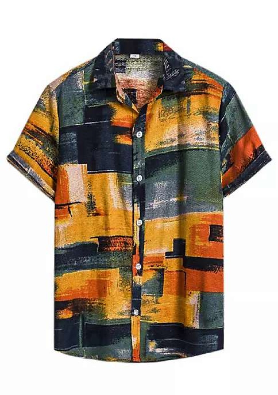 Men * | Wholesale Lars Amadeus Men'S Irregular Geometric Color Block Short Sleeve Button Down Shirts