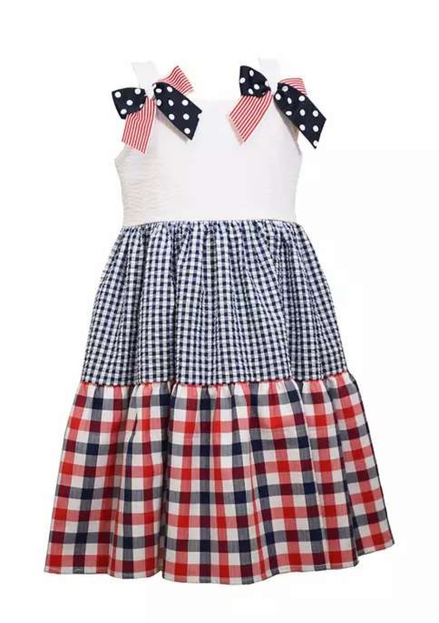 Kids * | Discount Bonnie Jean Toddler Girls Mixed Print Tier Americana Bow Dress Navy