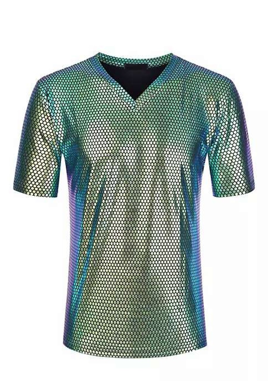 Costumes & Cosplay * | New Lars Amadeus Men'S Metallic Shiny Nightclub V Neck Short Sleeve Slim Fit Party Disco T-Shirt