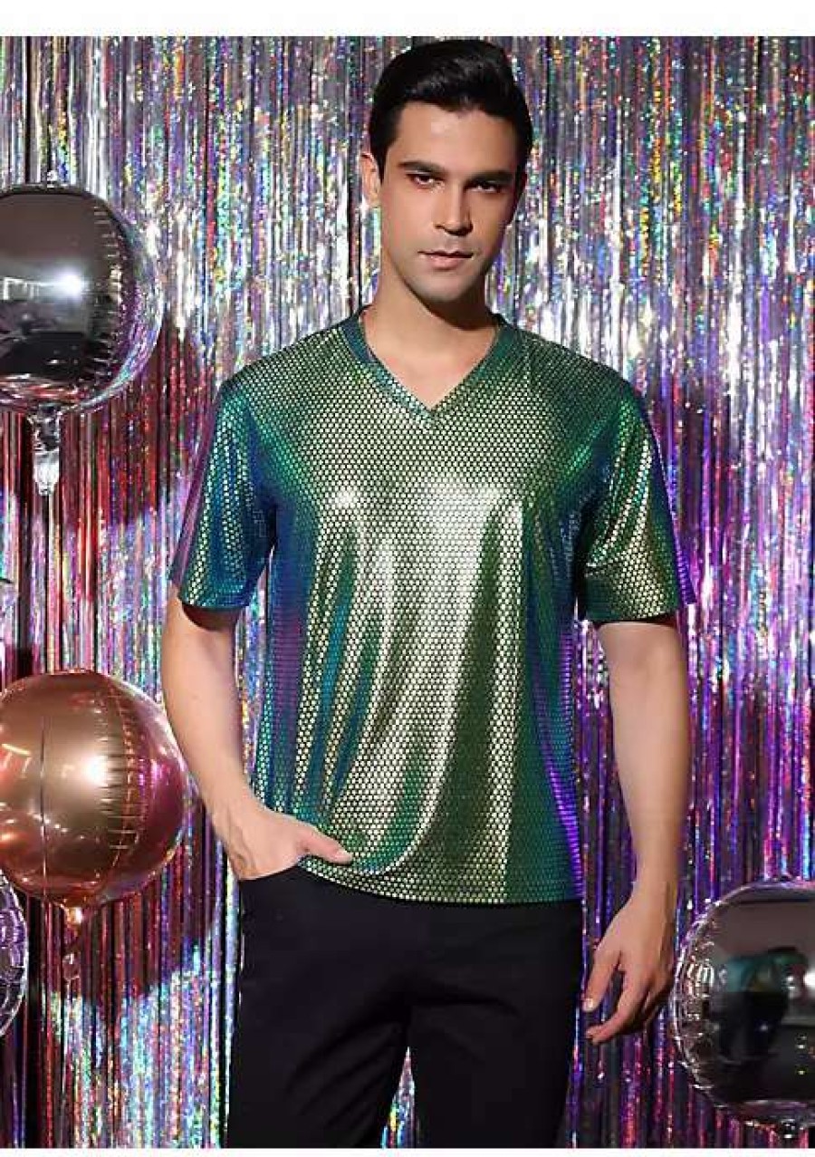 Costumes & Cosplay * | New Lars Amadeus Men'S Metallic Shiny Nightclub V Neck Short Sleeve Slim Fit Party Disco T-Shirt