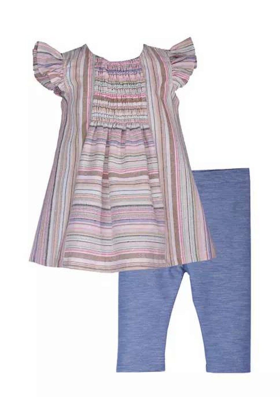 Kids * | Best Deal Bonnie Jean Toddler Girls Short Sleeve Ruffle Stripe Denim Set Multi