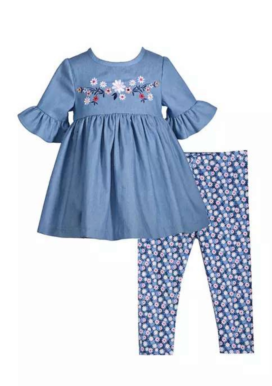 Kids * | Outlet Bonnie Jean Baby Girls 3/4 Sleeve Denim Daisy Set Chambray