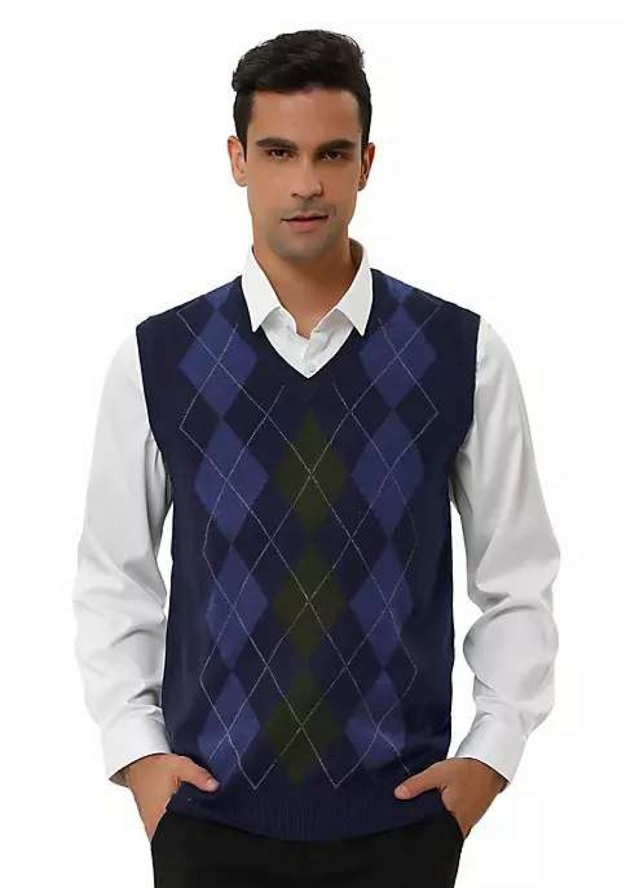 Men * | Outlet Lars Amadeus Men'S Casual Argyle Vest Sweater V Neck Slim Fit Sleeveless Knit Pullover