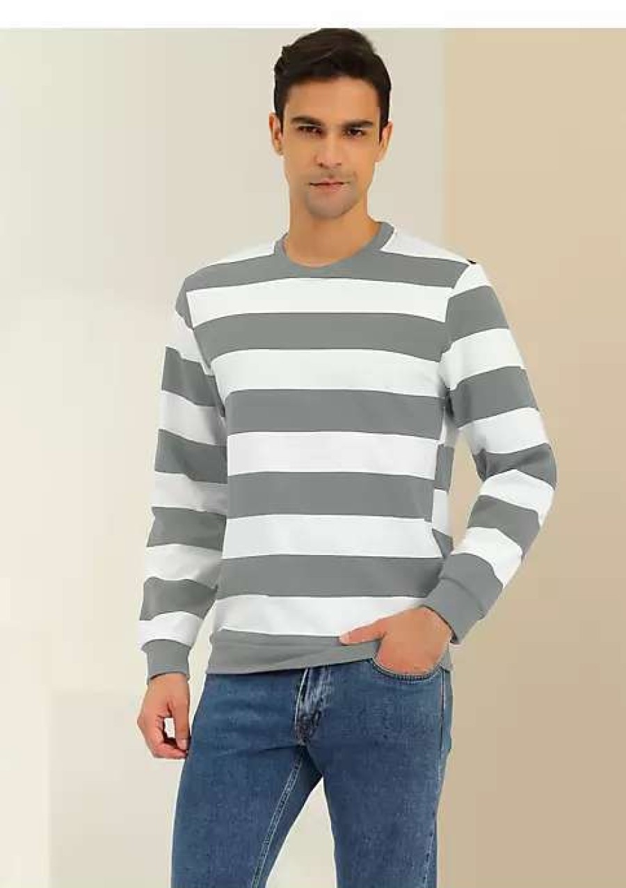 Men * | Best Pirce Lars Amadeus Men'S Stripe Sweatshirt Round Neck Long Sleeves Regular Fit Printed Pullover