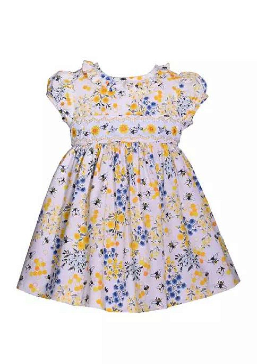 Kids * | Coupon Bonnie Jean Baby Girls Short Sleeve Floral Bee Smocked Dress Yellow