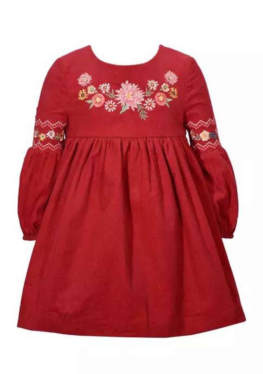 Kids * | Cheapest Bonnie Jean Baby Girls Long Sleeve Embroide Corduroy Dress Red