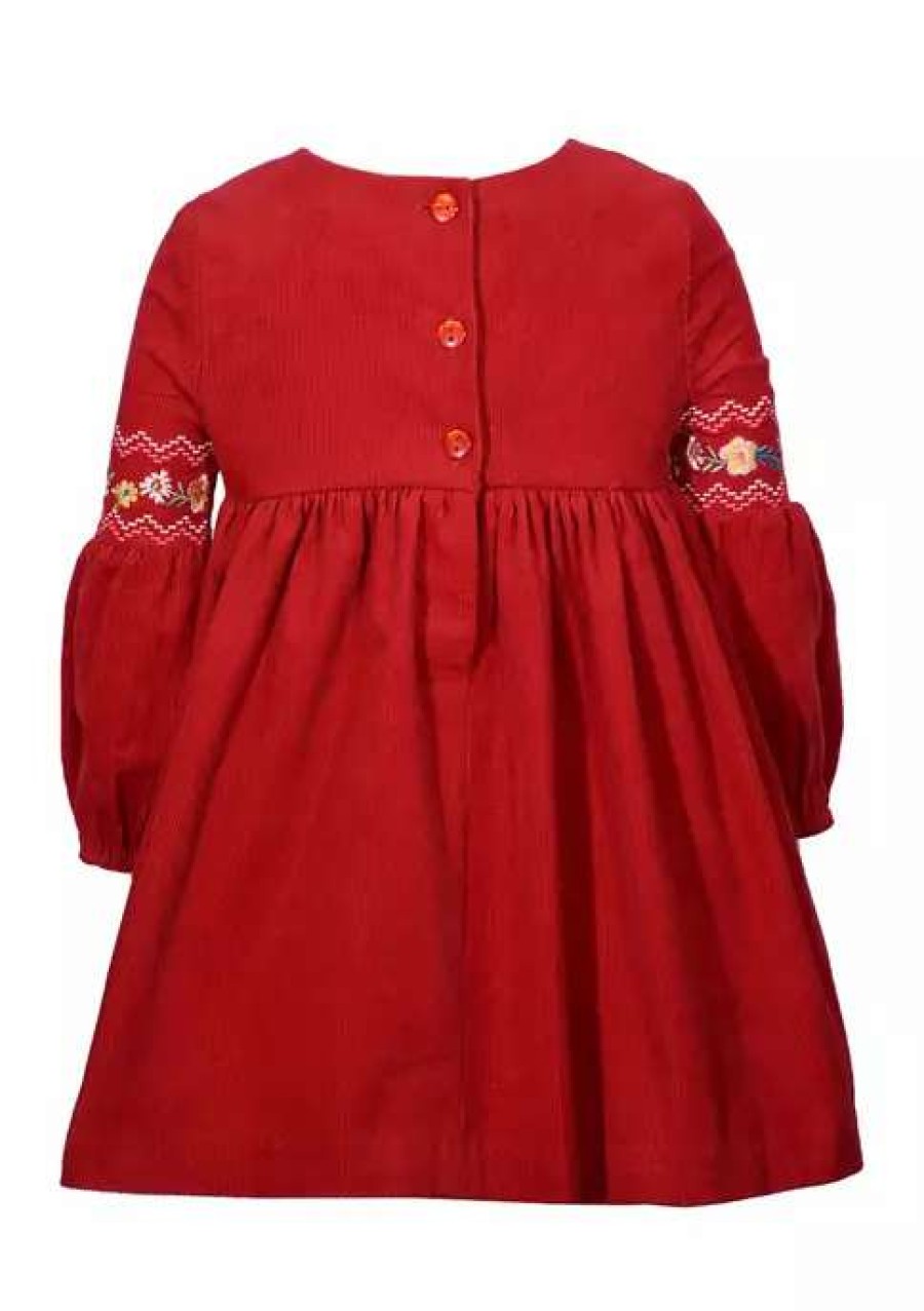 Kids * | Cheapest Bonnie Jean Baby Girls Long Sleeve Embroide Corduroy Dress Red