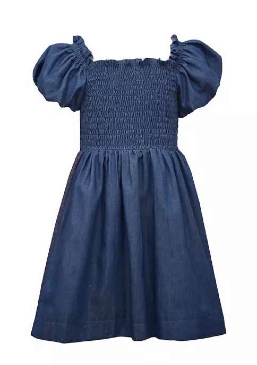 Kids * | Best Sale Bonnie Jean Girls 7-16 Puff Sleeve Smocked Dress Denim