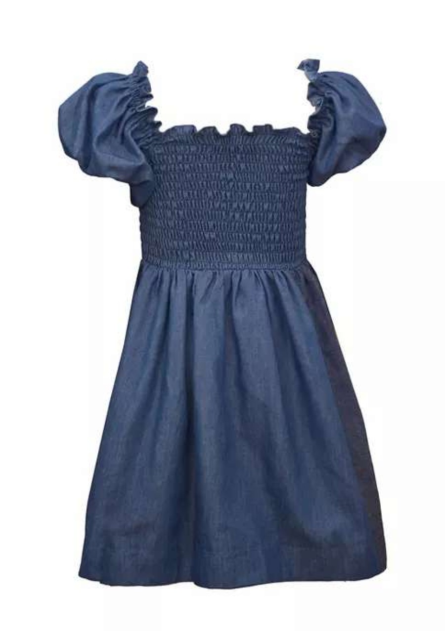 Kids * | Best Sale Bonnie Jean Girls 7-16 Puff Sleeve Smocked Dress Denim