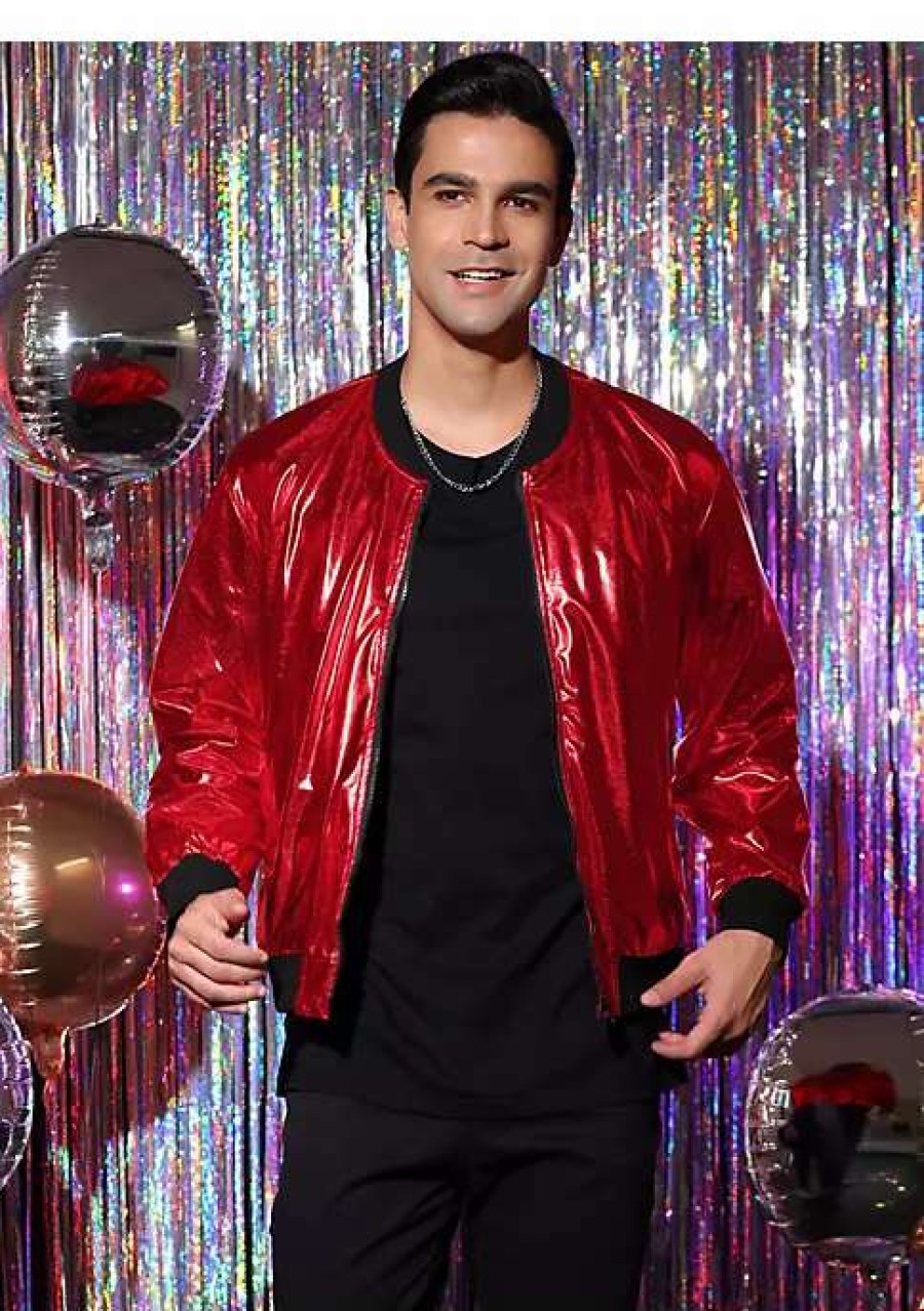 Men * | Hot Sale Lars Amadeus Men'S Sparkle Shimmering Metallic Jacket Disco Party Shiny Bomber Jacket