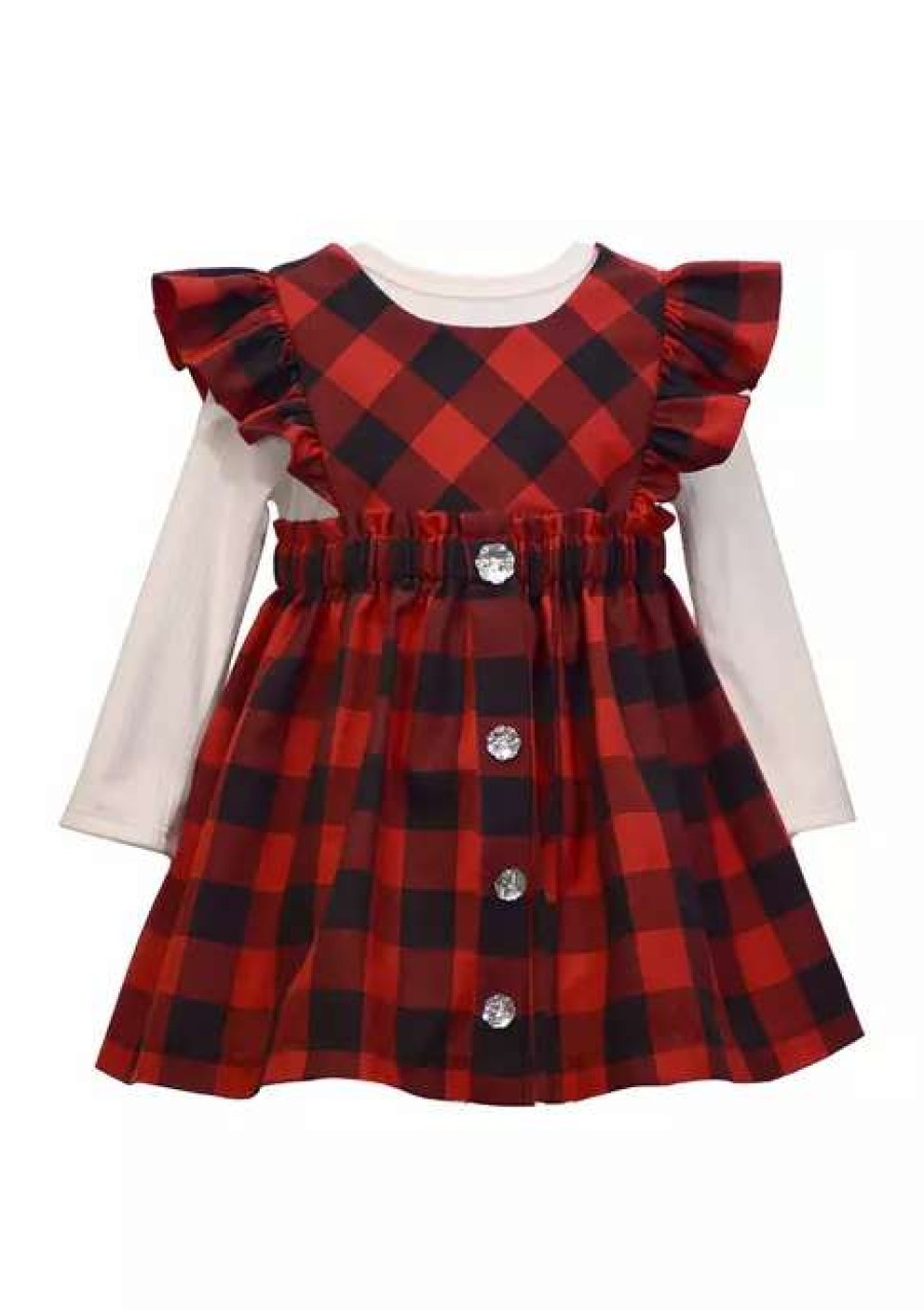 Kids * | Best Deal Bonnie Jean Baby Girls Button Front Buffalo Check Jumper Dress Red