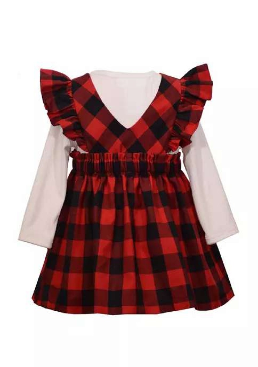 Kids * | Best Deal Bonnie Jean Baby Girls Button Front Buffalo Check Jumper Dress Red