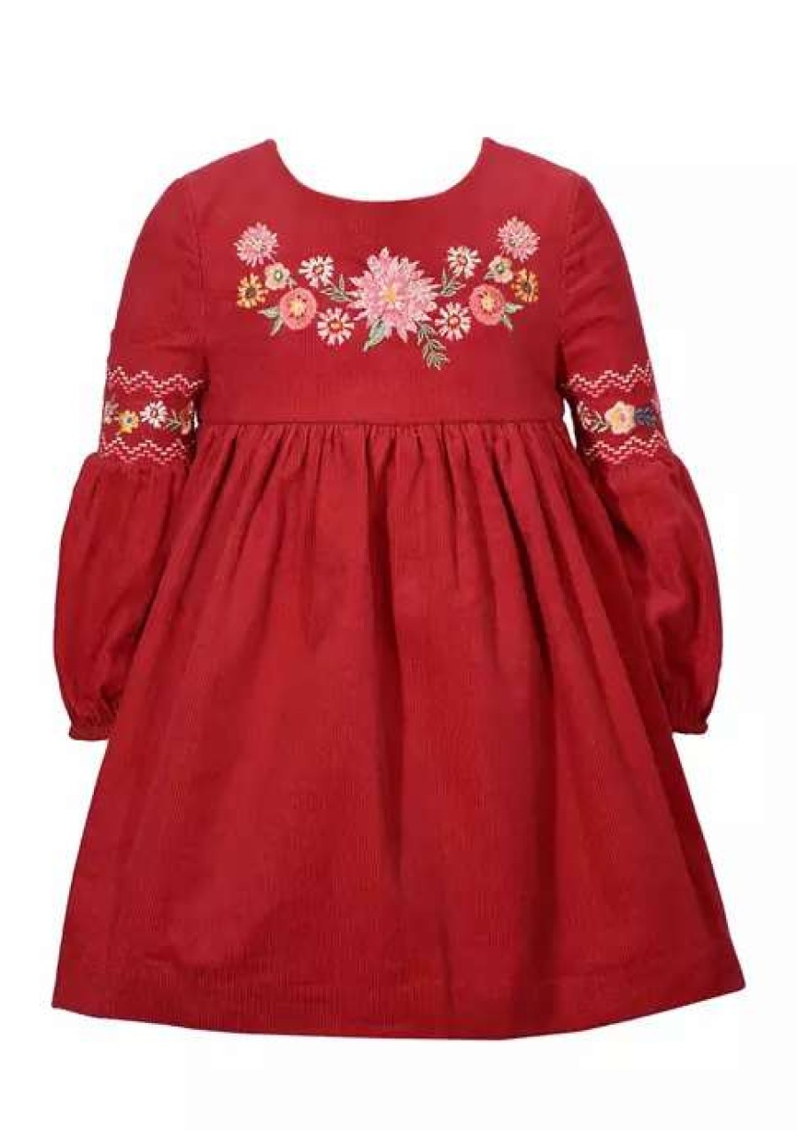 Kids * | Top 10 Bonnie Jean Toddler Girls Long Sleeve Embroidered Corduroy Dress Burgundy