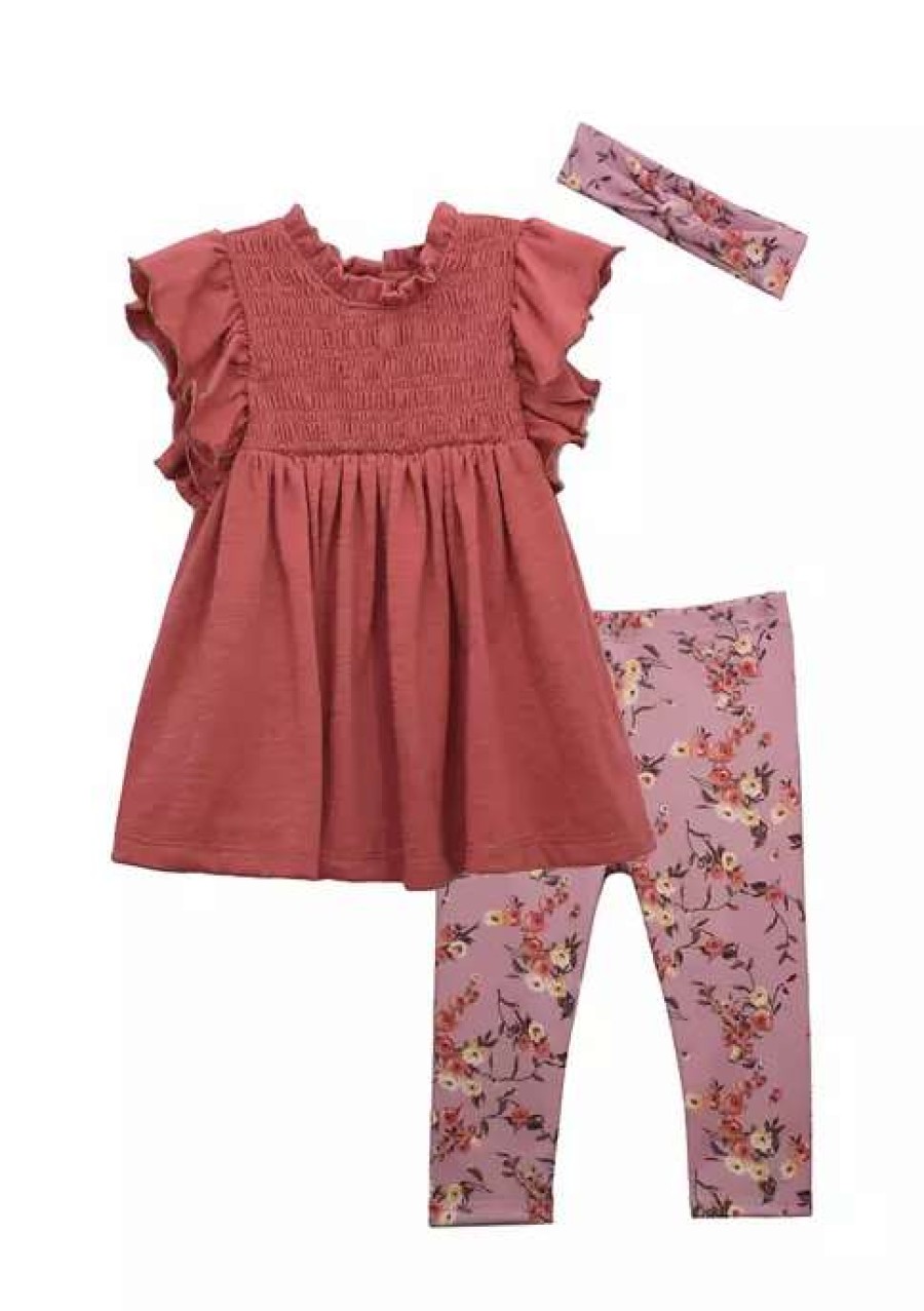 Kids * | Cheapest Bonnie Jean Girls 4-6X Smoked Knit Top And Printed Leggings Set With Matching Headband Rust