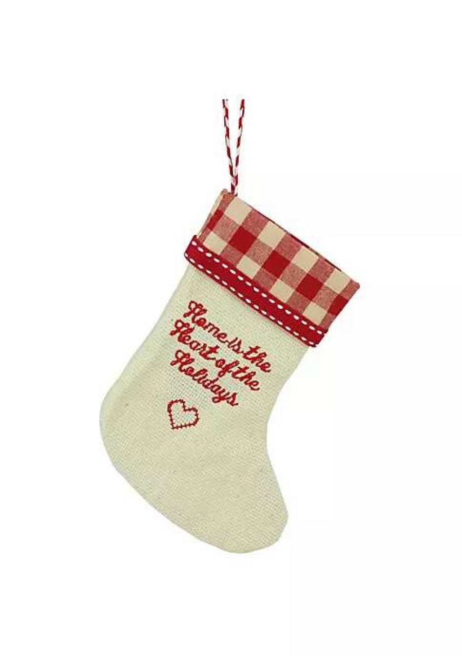 Home * | Cheapest Roman 6.5 Tan And Red Embroidered Heart Stocking With Gingham Cuff Christmas Ornament Brown