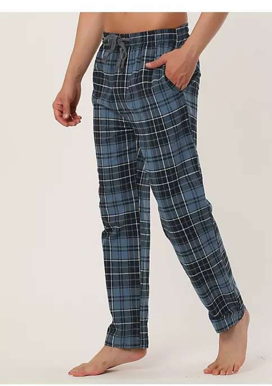 Men * | Wholesale Lars Amadeus Men'S Winter Sleepwear Flannel Drawstring Plaid Patterned Elastic Waistband Home Pajama Pants With Pockets Dark Blue