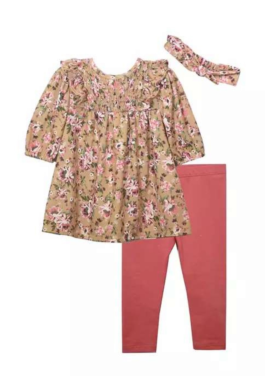 Kids * | Coupon Bonnie Jean Baby Girls Long Sleeve Smocked Floral Top And Leggings Set Mustard