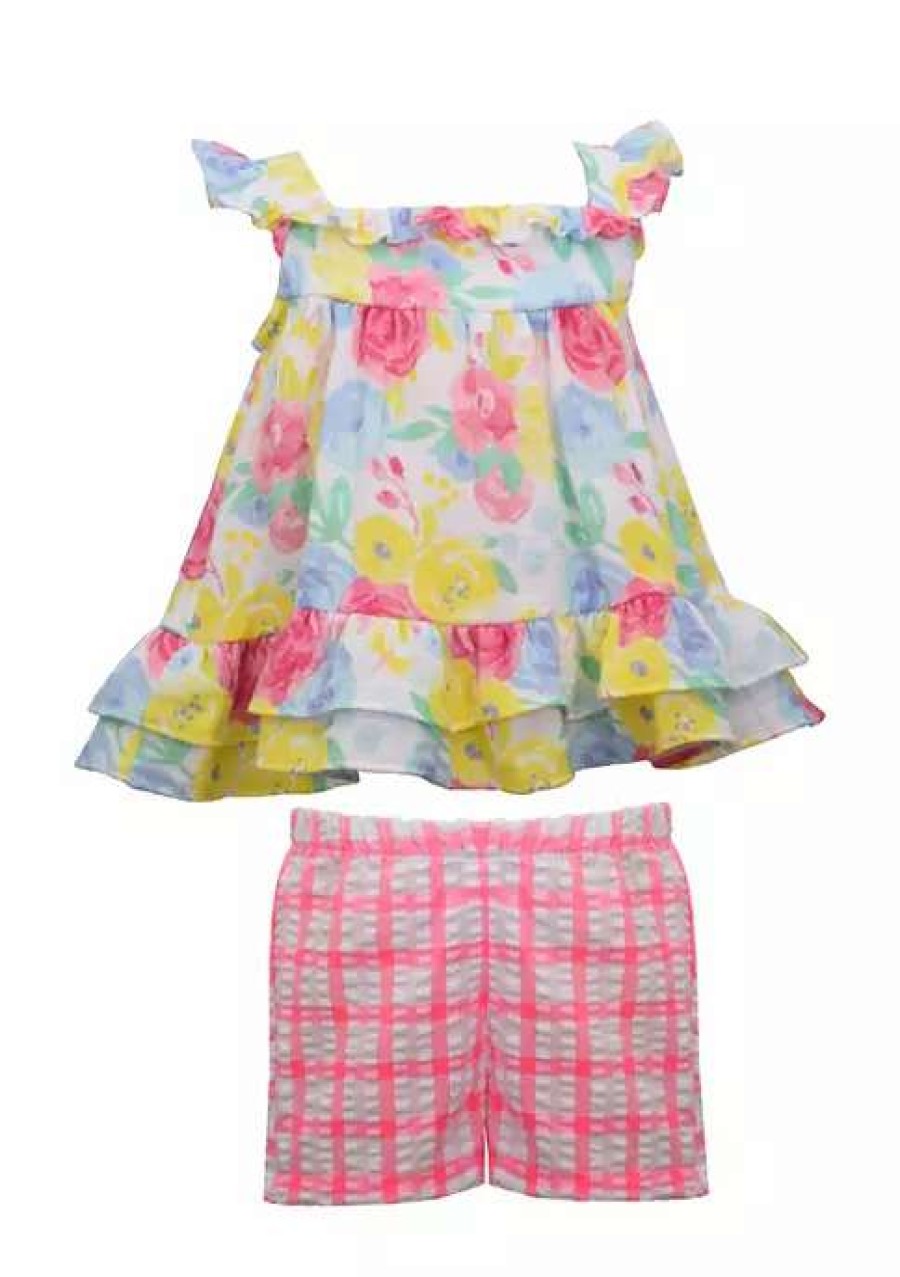 Kids * | Discount Bonnie Jean Girls 4-6X Floral Gauze Top To Seersucker Short Set Pink