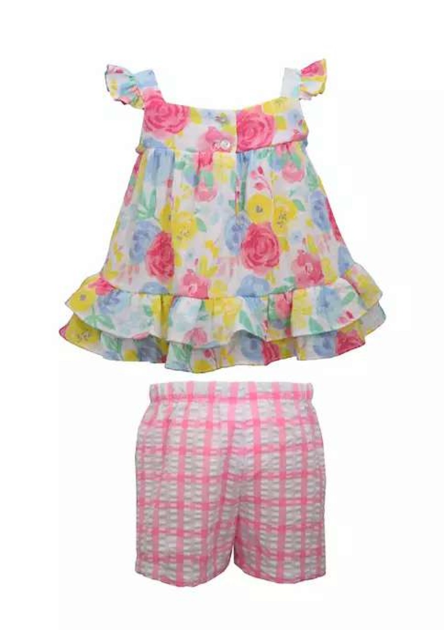 Kids * | Discount Bonnie Jean Girls 4-6X Floral Gauze Top To Seersucker Short Set Pink